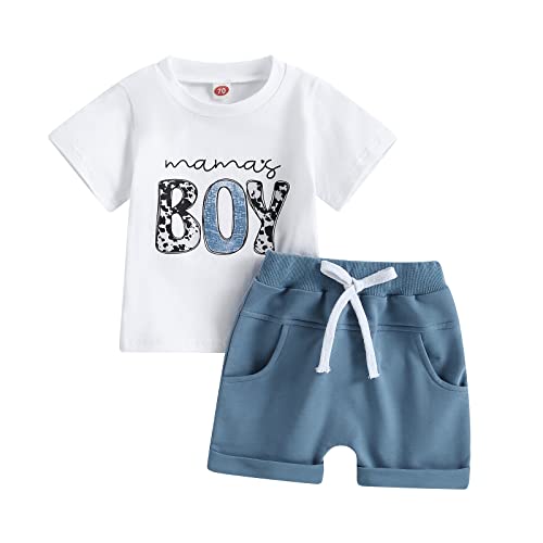 Geagodelia Baby Jungen Kleidung Outfit Babykleidung Set Mama's Boy T-Shirt Top + Shorts Neugeborene Kleinkinder Weiche Babyset Sommer Zweiteiler (A - Weiß & Blau, 12-18 Monate)