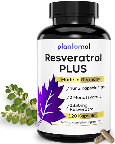 120 Resveratrol PLUS Kapseln mit 1350mg Resveratrol hochdosiert mit 100:1 Extraktverhältnis - reiner Resveratrol PLUS Komplex von plantomol® - nur 2 Kapseln/Tag - hochdosiert mit Piperin - vegan