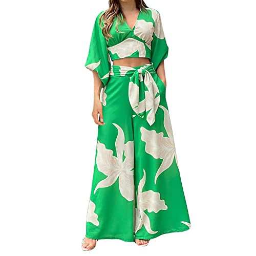 2023 Boho 2-Stück Für Frauen Sommer Kurzarm Wrap V-Ausschnitt Wide Leg Hosen Set Hochzeitsoutfit Damen Hosenanzug Freiziet Hosenanzüge Strand Atmungsaktiv Leicht Outdoor Freizeitanzug (Green, L)