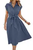 ASOMI Tunika Sommerkleid Damen Elegant Strandkleid Büro Wickelkleid Mode Blusenkleid Lässig Plisseekleid Kurzarm Freizeitkleid V-Ausschnitt Tasche Midikleid mit Knopf und Gürtel A-Graublau XL