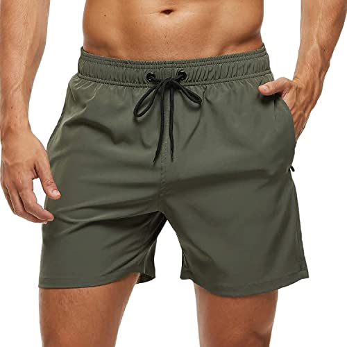 Arcweg Badehose für Herren mit Reißverschlusstasche Atmungsaktiv Wasserabweisend Badeshorts Männer Trainingsshorts Elastisch Verstellbar Mit Tunnelzug Meshfutter Grün L(EU)