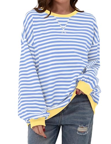 DUOEASE Pullover Damen Rundhals Sweatshirt Gestreift Oversize Pullover Herbst Winter Lässige Oberteile(Blau-Weiß,XL)