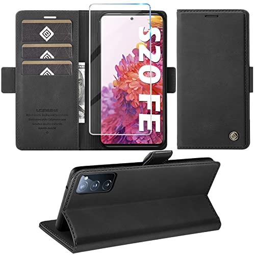 Handyhülle für Samsung Galaxy S20 FE Hülle mit Schutzfolie, Standfunktion Kartenfach Wallet Premium Leder Schutzhülle S20 FE 4G/5G Flip Case Cover Stoßfeste Klapphülle (Schwarz)