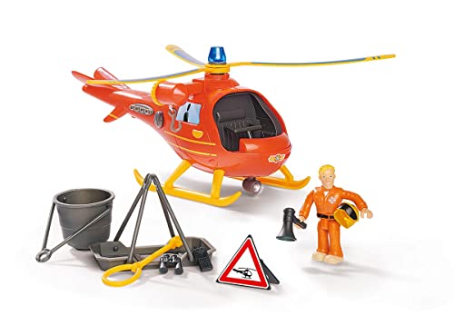 Simba 109252510 - Feuerwehrmann Sam Hubschrauber Wallaby mit Tom Figur, mit Originalsound, Blaulicht, Suchscheinwerfer, Seilwinde, 15cm, ab 3 Jahren