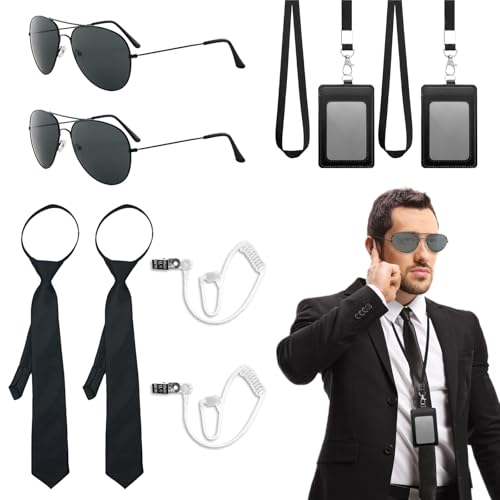 FUIPVGI 10 Stücke Agenten Zubehör Set, Chauffeur Kostüm Zubehör Set, mit Sonnenbrille, Krawatte, Kartenhalter, Ohrhörer Schlauch, Wachmann Cosplay Set, für Karneval Fasching Halloween (Schwarz)