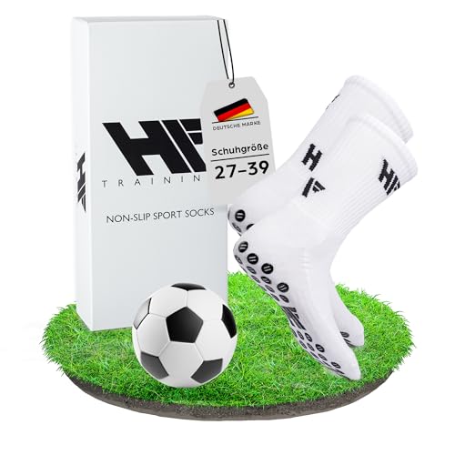 HF Training - 1 Paar Rutschfeste Kindersocken Fußball Socken (Gr. 27-30) Weiß für Kinder, Jungen & Mädchen - Fussball-Socken mit Grip für Jugend mit Noppen - Anti-Rutsch Fußballsocken & Sportsocken