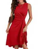 HUXRAKV Damen Elegante Cocktailkleider ärmelloses Einfarbiges A-Linie Kleid mit Taillenfalten Abendkleider Partykleider Businesskleider,27-Rot,S