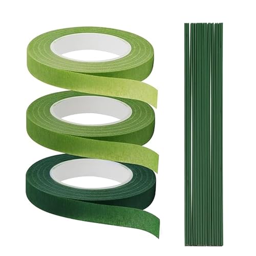 CANCYCC 3 Rollen Floristenband mit 100 Stück Grün Blumendraht, 12 mm Floristik Kreppband, Selbstklebend Blumenband Floristikdraht für Blumenstrauß Stiel Verpacken und Blumenhandwerk 27m/Rolle
