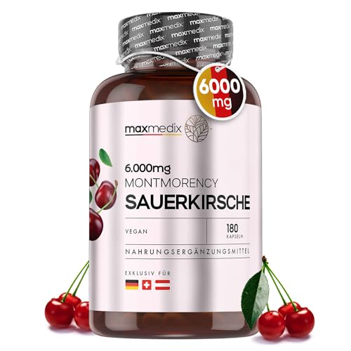 Montmorency Sauerkirschen Kapseln 6000mg (50:1) - 180 vegane Stück - 3 Monate Vorrat - Laborgeprüft in Deutschland - 120mg Sauerkirsch Extrakt aus Direktsaft - Tart Cherry Kirschextrakt - maxmedix