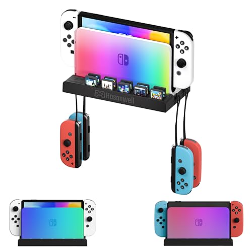 Hosanwell Switch Wandhalterung, RGB Licht Wandhalterung für Switch/Switch OLED, mit Haken für 4 JOYCONS, 10 Spiele-Slots, Schwarz