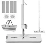 Truevaste Wischmopp Set mit Auswringfunktion, 8-TLG. Bodenwischer Set mit Faltbarer Putzeimer 4 Mikrofasertüchern 2 Besenhalterung Wand Selbstklebend, Mop Set mit Eimer für Haushalt Büro & Restaurant