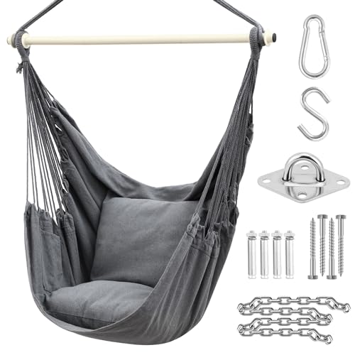 Ohuhu Hängesessel mit 2 Kissen und Deckenhaken-Kit, Hängesessel Outdoor XL Hängestuhl bis 150 kg für Erwachsene & Mädchen, Hängesitz Aufhängung Indoor Outdoor Schlafzimmer und Garten, Grau