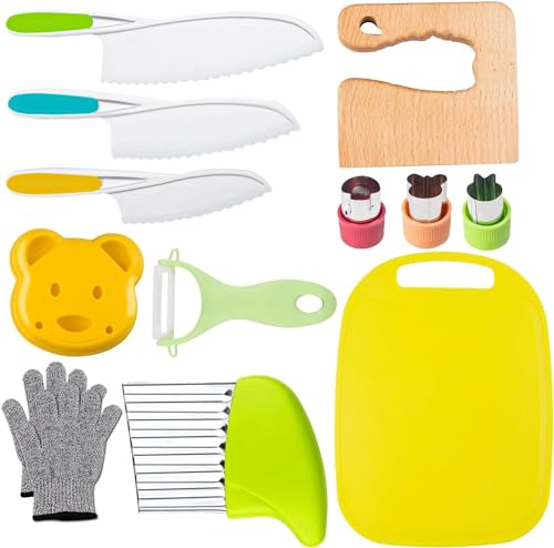 Leking 13 Pcs Kinder Messer Set mit Handschuhen Schneidebrett Bär Sandwich Cutter Obst Gemüse Cutters gezackte Kanten Kunststoff Kleinkinder Messer für echtes Kochen