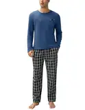 Ekouaer Pyjama Herren Langarm Baumwolle Zweiteiliger Schlafanzug Lang Set Nachtwäsche Herren-Loungewear Winter Dunkelblau XXXL