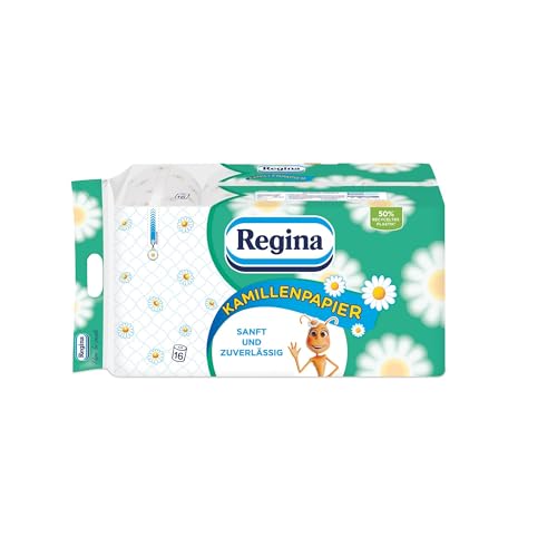 Regina Kamillenpapier 3-lagiges Toilettenpapier – 16-Rollen-Packung, 150 Blatt pro Rolle, Weich und Sanft mit Kamillenduft und FSC-zertifiziertem Papier