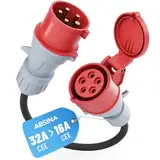 ABSINA Starkstrom Adapter 32A Stecker auf 16A Kupplung - 32A auf 16A Adapter mit 50 cm Kabellänge & IP44 Schutz - CEE Adapter 32A auf 16A als Elektroauto Zubehör - Adapter 32 auf 16 Ampere