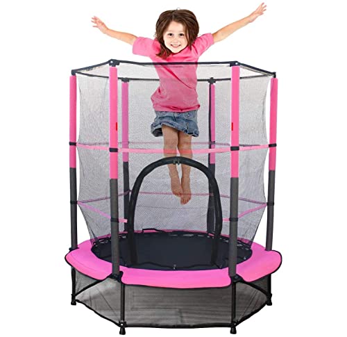 Kinder Trampolin 140 cm,Kinder Trampolin Indoor mit Sicherheitsnetz, und Rahmenabdeckung|Eingebauter Reißverschluss,Strapazierfähiges Stahlrahmen Outdoor Trampolin für Kinder ab 3 Jahre (Rosa)