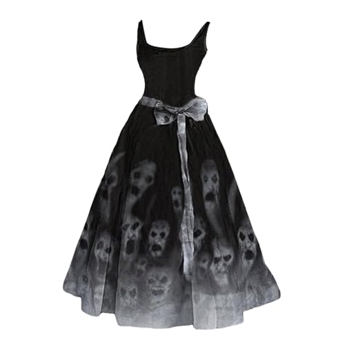 Ballkleider Damen Lang Halloween-Kostüme für Damen, ausgestelltes Kleid mit blutigem Aufdruck, ärmelloses Tunika-Cocktailkleid, Kleider für Hochzeitsgäste Kleid Weinrot Elegant Kleider (X9-Black, S)