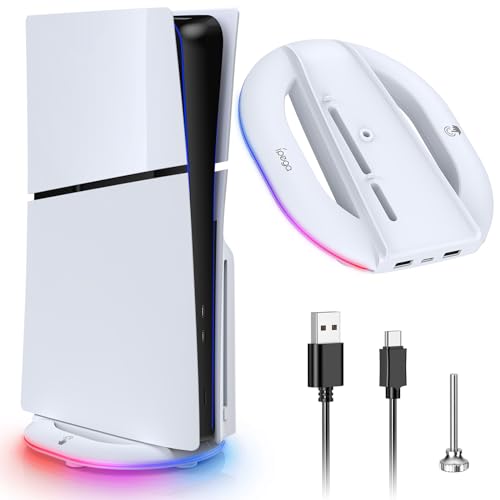 Auarte RGB Vertikaler Standfuß für PS5 Slim Zubehör mit 2 USB Hub(14 Lichteffekte), Upgraded Ständer für Playstation 5 Slim Disc/Digital Neue Konsole, PS5 Slim Standfuß - Nicht für PS5 Konsole