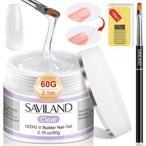 SAVILAND 60g Aufbaugel für Gelnägel: Klares Builder Gel für Nägelset,Nagelverlängerungs Nail Art Maniküre Gelnägel Set,Builder Nagelset mit 100PCS U V Gel Nagelformen & Acryl Nagelbürste für Anfänger