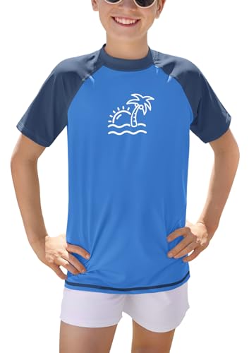 BesserBay Kinder Rundhals UPF 50+ Badeshirt UV Shirt Blau Kurzarm Swimsuit Bademode Rashguard 130