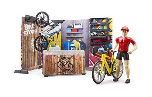 bruder 63120 - Bworld Fahrrad Shop mit Rennrad, Mountainbike, Werkstatt, Ausrüstung, Werkzeugen, Verkaufstresen - 1:16 Geschäft Laden Fahrrad Themenset