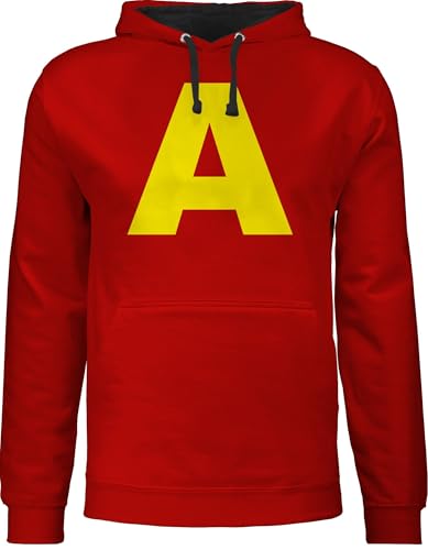 Pullover Herren Frauen Hoodie Kontrast zweifarbig - Kostüm Buchstabe A Streifenhörnchen Chipmunk Alvin I Passend für Karneval I Gruppenkostüm Fasching - S - Rot/Schwarz - faschings- carneval