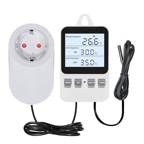 Digitaler Plug in Thermostat Steckdose, Heizen Kühlen Elektrischer Temperaturregler, Heizen Kühlen Schalter mit Sensor, für Inkubation Heizmatte Reptilien Gewächshäuser Terrarium, 230V 16A