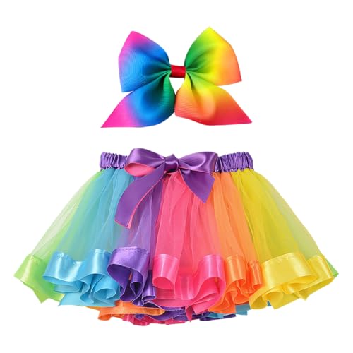 FSSTUD Regenbogenfarbener Tutu-Rock, Prinzessin-Tüllrock, Ballett-Tanz-Rüschenrock, Geburtstagsparty-Rock, Kleid mit Haarschleife