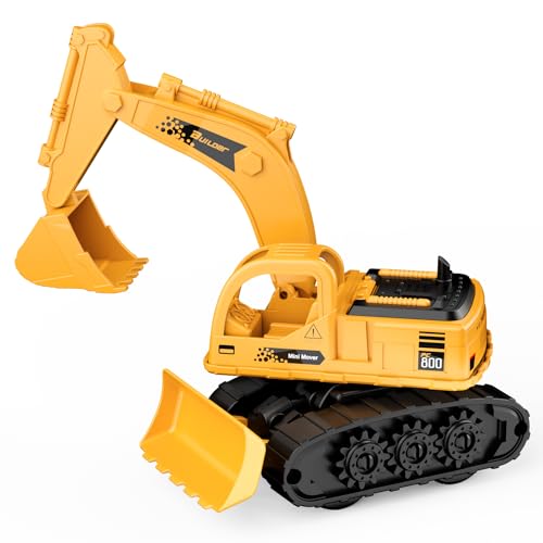 GizmoVine Bagger Spielzeug, Baustellenfahrzeuge Kinder, 2-in-1 Reibungsauto Modell mit Bulldozer, Starke & Flexible Teile, Party und Sandkasten Kinderbagger für 2 3 4 5 Jahre