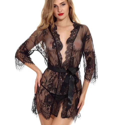 KUAIQI Damen Dessous Set,Dessous für Damen Cardigan Robe, Sexy Durchsichtig Spitze Morgenmantel, für Mollige Frauen Morgenmantel mit Gürtel G-String, V Ausschnitt Teddy One Piece Dessous Für Frauen