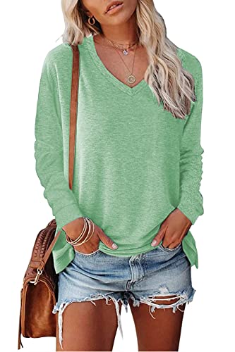 FANGJIN Damen Pullover Longshirt Langarm Einfarbig Oberteile Tshirt Langarmshirt Frühling Neu Tops Hellgrün Elegant elegant Sweatshirt für Damen XL