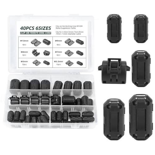 YOYEAH 40 Stück Ferritkerne für Kabel - Ferritfilter Klappferrit Set mit 6 Verschiedene Größen - Ferritkern Ring - Entstörfilter für Kabel RFI EMI - Schwarz - Innendurchmesser von 3.5 mm bis 13 mm.