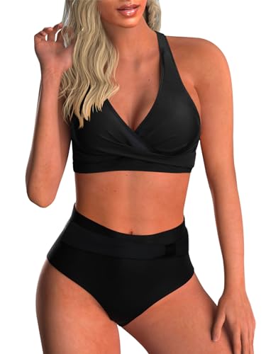 Adigaber Damen Zweiteiliger Badeanzug V Ausschnitt überkreuztes Blumenmuster Bikini Bademode Bauchkontrolle Bikini Sets