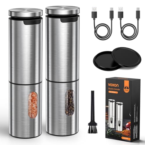 VOXON Salz und Pfeffermühlen Elektrische 2er Set mit USB Wiederaufladbarer, Große Kapazität Gewürzmühle elektrisch, 5 Stufen Einstellbare Grobheit Keramikmahlwerk, LED-Licht für BBQ Restaurant Küche