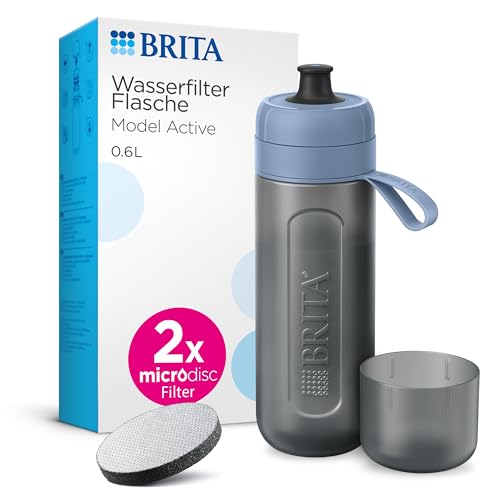 BRITA Sport Wasserfilter Flasche Model Active dunkelblau (600ml) inkl. 2 MicroDisc Filter – zusammendrückbare BPA-freie Flasche für unterwegs, filtert beim Trinken / spülmaschinengeeignet