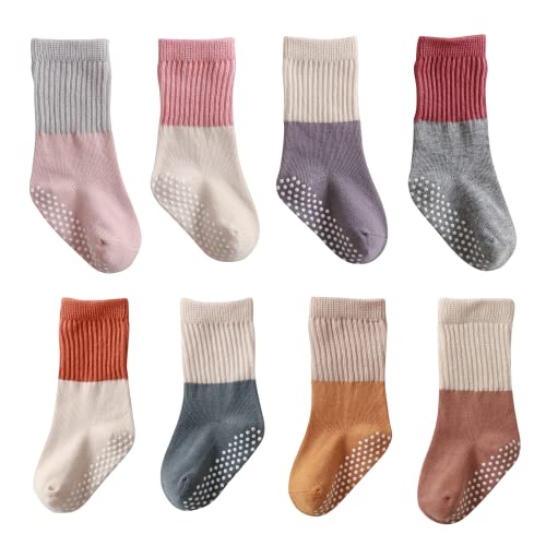 J Poqobog Kleinkind Baby Mädchen Jungen Socken stoppersocken kinder Baumwolle abs rutschfeste kindersocken antirutschsocken Geschenke Kniestrümpfe 8Paar (6-12 Monate,Rot Grau 8 Paar)