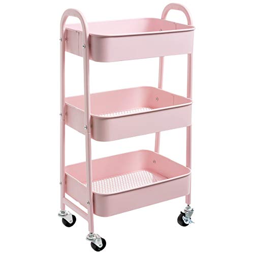 DOEWORKS Rollwagen Metall Aufbewahrungswagen Küchenwagen 3-Etagen, Servierwagen Organizer Wagen mit Rädern für Wohnzimmer Schlafzimmer Make-up Badezimmer Büro, Rosa