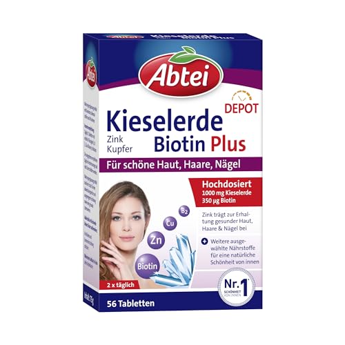 Abtei Kieselerde Biotin Plus - mit Zink für schöne Haut, Haare und Nägel - Depot-Technologie mit Langzeiteffekt - vegan - 56 Tabletten