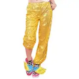 WKAYsIV glitzerhose Silvester-Pailletten-Schlaghose Pailletten Hose Damen lang Leggings grün Karneval(Gelb,L)