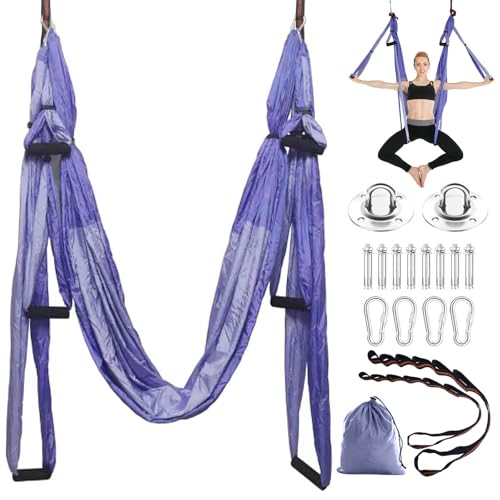 Caossuixin Aerial Yoga Hängematte Set, Aerial Yogatuch Yoga Schaukel Swing Anti-Schwerkraft Pilates, Yogatuch Zum Aufhängen Mit Montagezubehör und Tragetasche, bis 200 kg Belastbar(Lila)