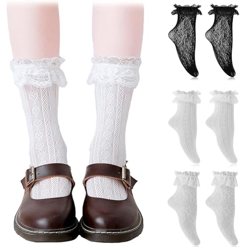 BUKYCAT 3 Paar Rüschen Socken, Söckchen mit Rüschen, Spitzen Rüschen Socken, Frauen Söckchen Spitzen, Prinzessinnen Socken, Liner Söckchen, Damen Mädchen Uniform Lolita Kostüm Zubehör