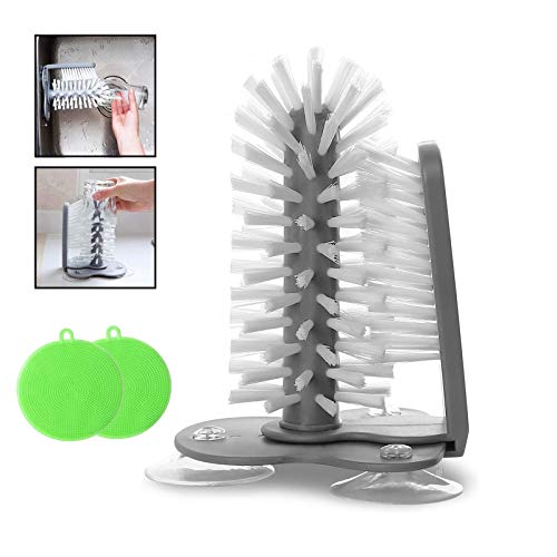 xianzhanEU Gläserspülbürste Doppelseitiger Borstenbürste, Gläserbürste mit Saugnapf, für Bar Küche Spüle Reinigung Werkzeuge, mit 2 × Silikon Schwamm