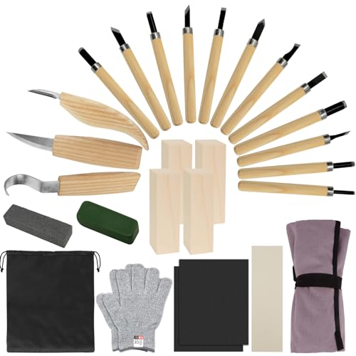 Dadabig 27 Stück Handgefertigt Holzschnitzwerkzeug Set, Holz Professional Schnitzwerkzeug Set, Ideales Schnitzmesser Set, Wood Carving Set mit Schnittfeste Handschuhe für Anfänger Und Profis