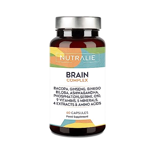 Nootropic Brain Supplement - Gedächtnis - Konzentration - Energie - Fokus - Ginkgo Biloba - Bacopa Monnieri - Cholin L-Tyrosin, Ginseng + Vitamine - Brain Complex Booster 60 Nutralie-Kapseln