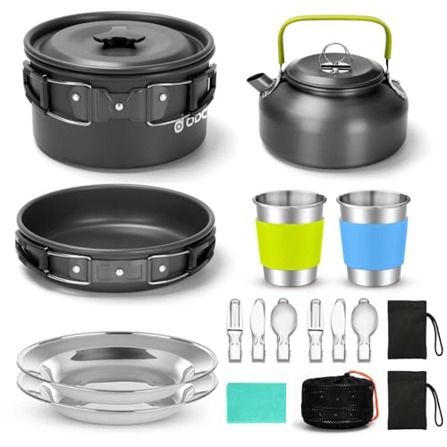 Odoland Camping Geschirr Set 17-teilige Kochset Topfen mit 0.8 L Teekessel Campingbesteck und Becher Leicht Aluminium Campingtopfe Faltbare Kochgeschirr für Outdoor Kochen