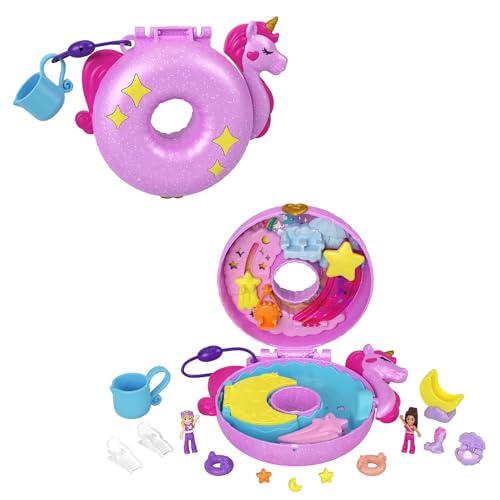 Polly Pocket-Puppen und -Spielsets, 12 Zubehörteile, Einhornfloß-Schatulle mit Wasserspaß und 2 Teilen mit Farbwechseleffekt, HKV34