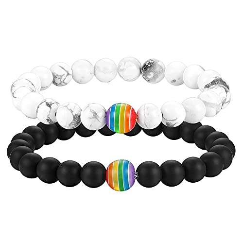 Flongo Partner Armbänder Energiearmband Energie LGBT Armband Regenbogen Streifen Gay Pride Schwul Homosexual Homosexuell Lava Türkis Stein Mala Kugel Perle Herren,Damen Accessoires 2 Stück Set