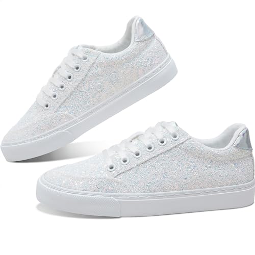 Jeekopeg Glitzernde modische Sneaker-Schuhe, glänzende Freizeitschuhe, glitzernde Pailletten, Konzert, niedrig geschnitten, Schnürschuhe, weiß / glitzer, 7 Women/6 Men