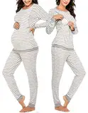 Ekouaer Damen StillPyjama Langarm Krankenhaus Schlafanzug mit O Ausschnitt Winter Pyjama Set warm und weich Umstandsmode Hellgrau Streifen M